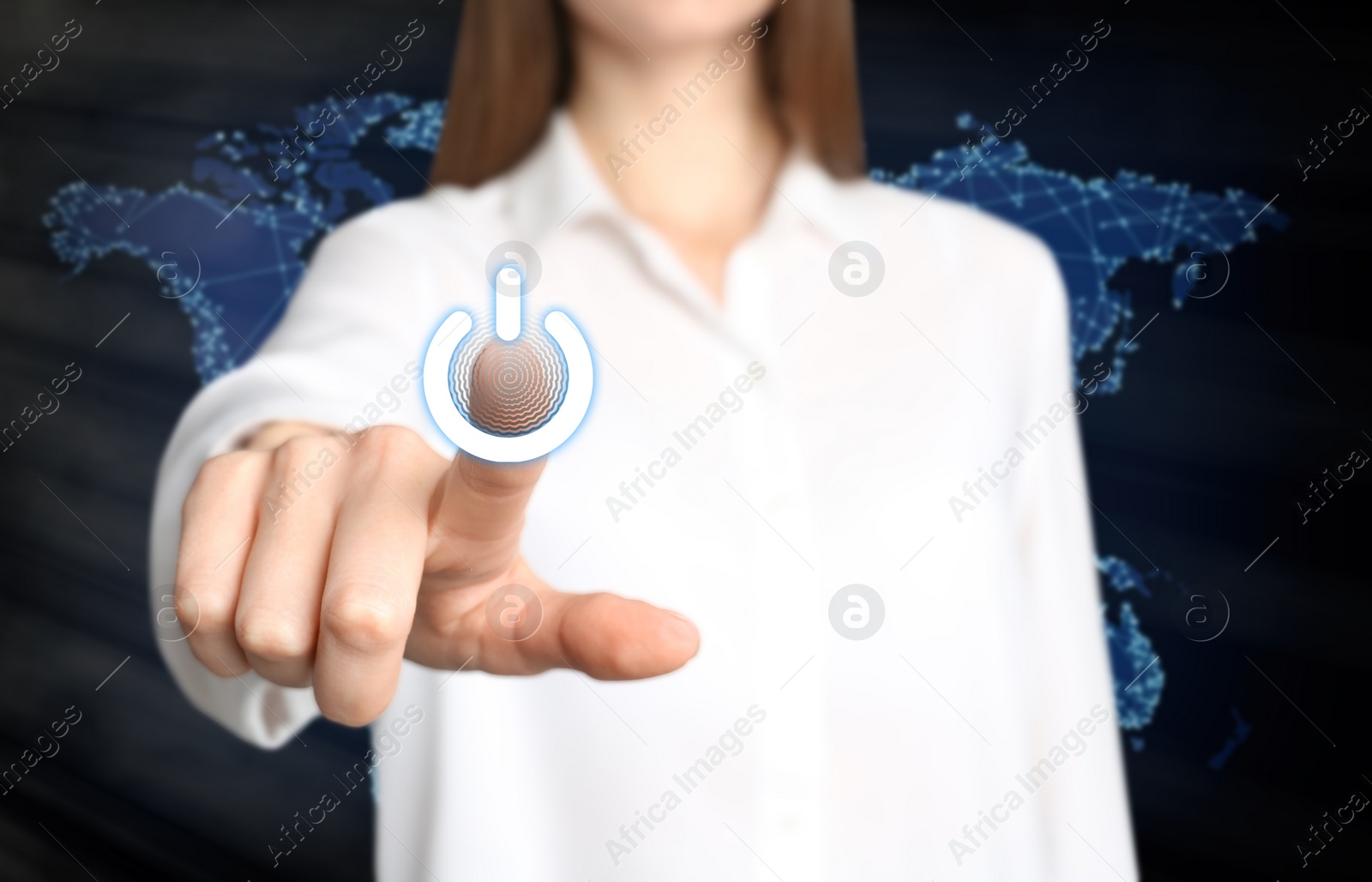 Image of Woman pressing power button on virtual screen, closeup 