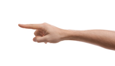 Man pointing at something on white background, closeup of hand