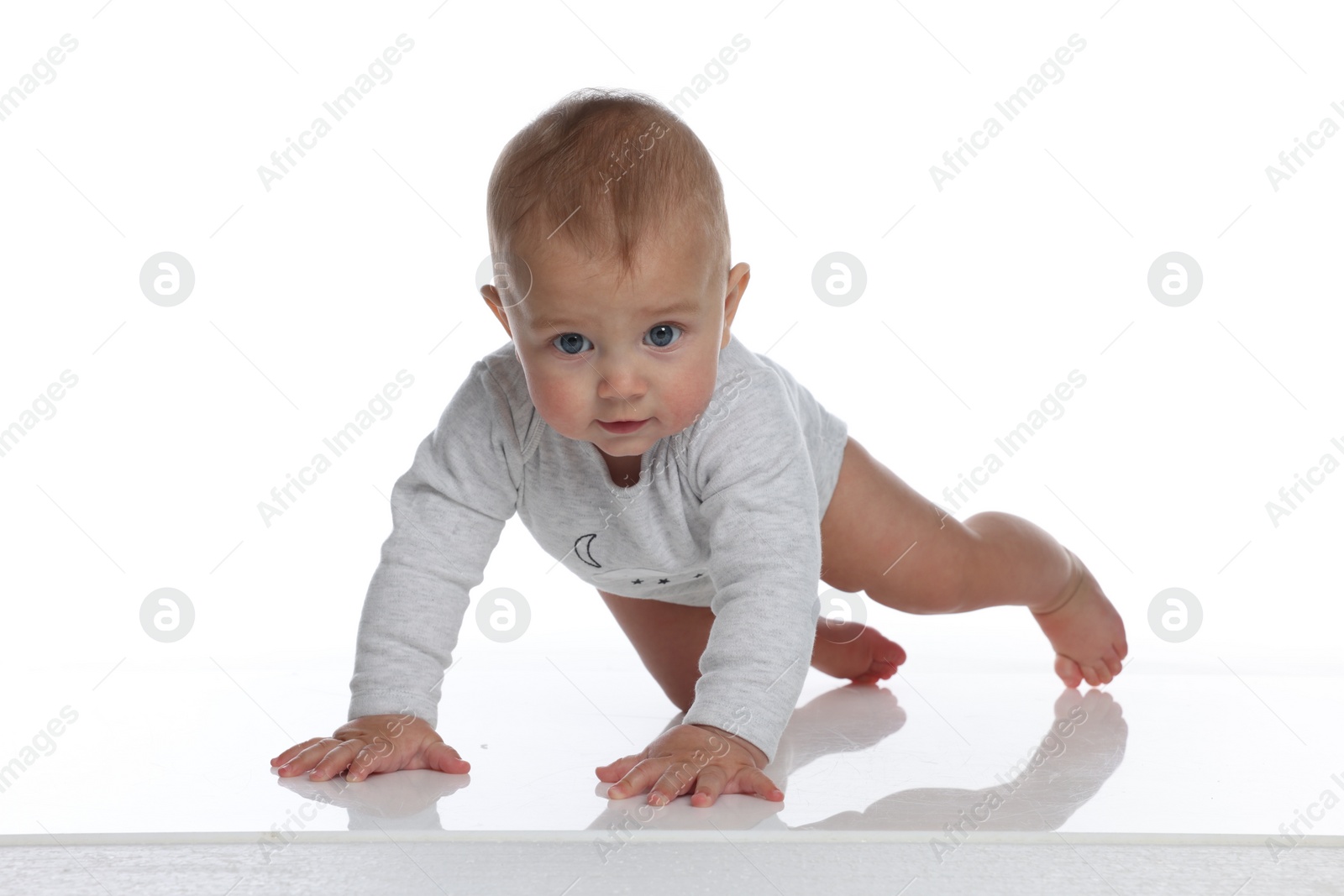 Photo of Cute little baby crawling on white background