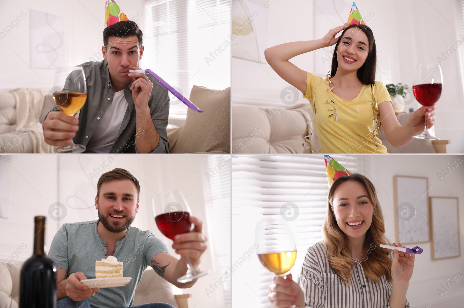 Image of People with glassses of wine having online party at home during quarantine lockdown, view from web camera. Collage with photos