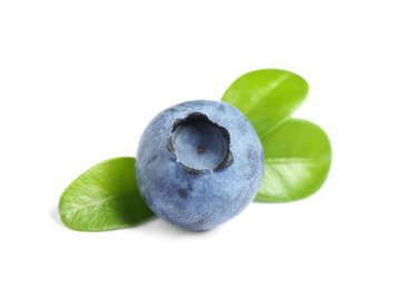 Photo of Fresh ripe blueberry with leaves on white background