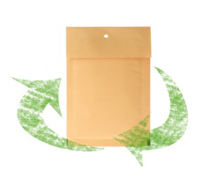 Image of Kraft paper envelope and green arrows on white background. Recycling concept
