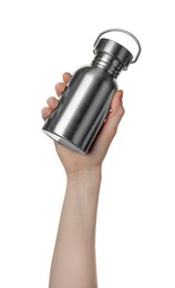 Photo of Woman holding metal bottle on white background, closeup. Conscious consumption