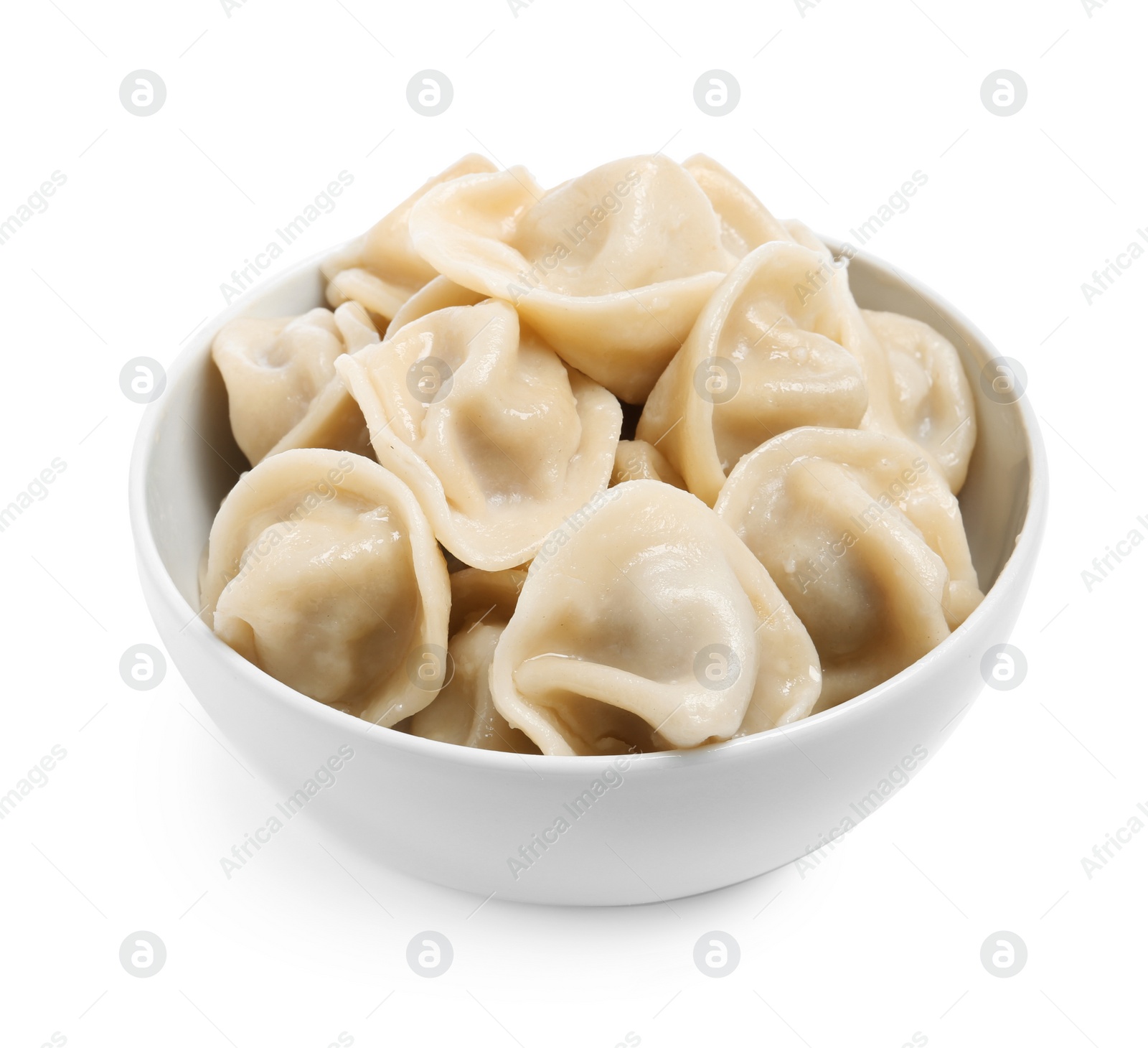 Photo of Tasty dumplings in bowl isolated on white