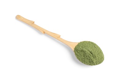 Photo of Wheat grass powder in wooden spoon isolated on white, top view