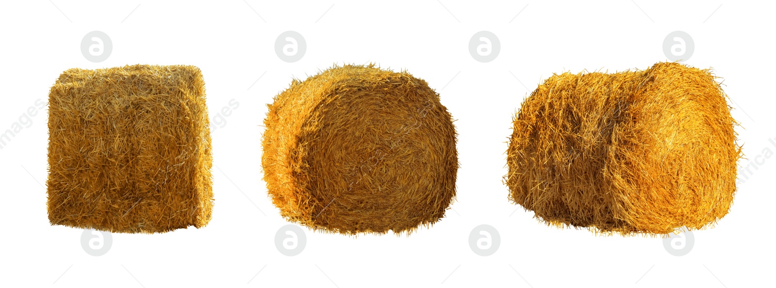 Image of Set with dried straw bales on white background. Banner design