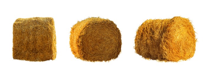 Set with dried straw bales on white background. Banner design