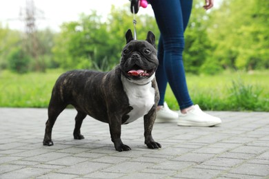 Photo of Woman walking with cute French Bulldog outdoors, closeup