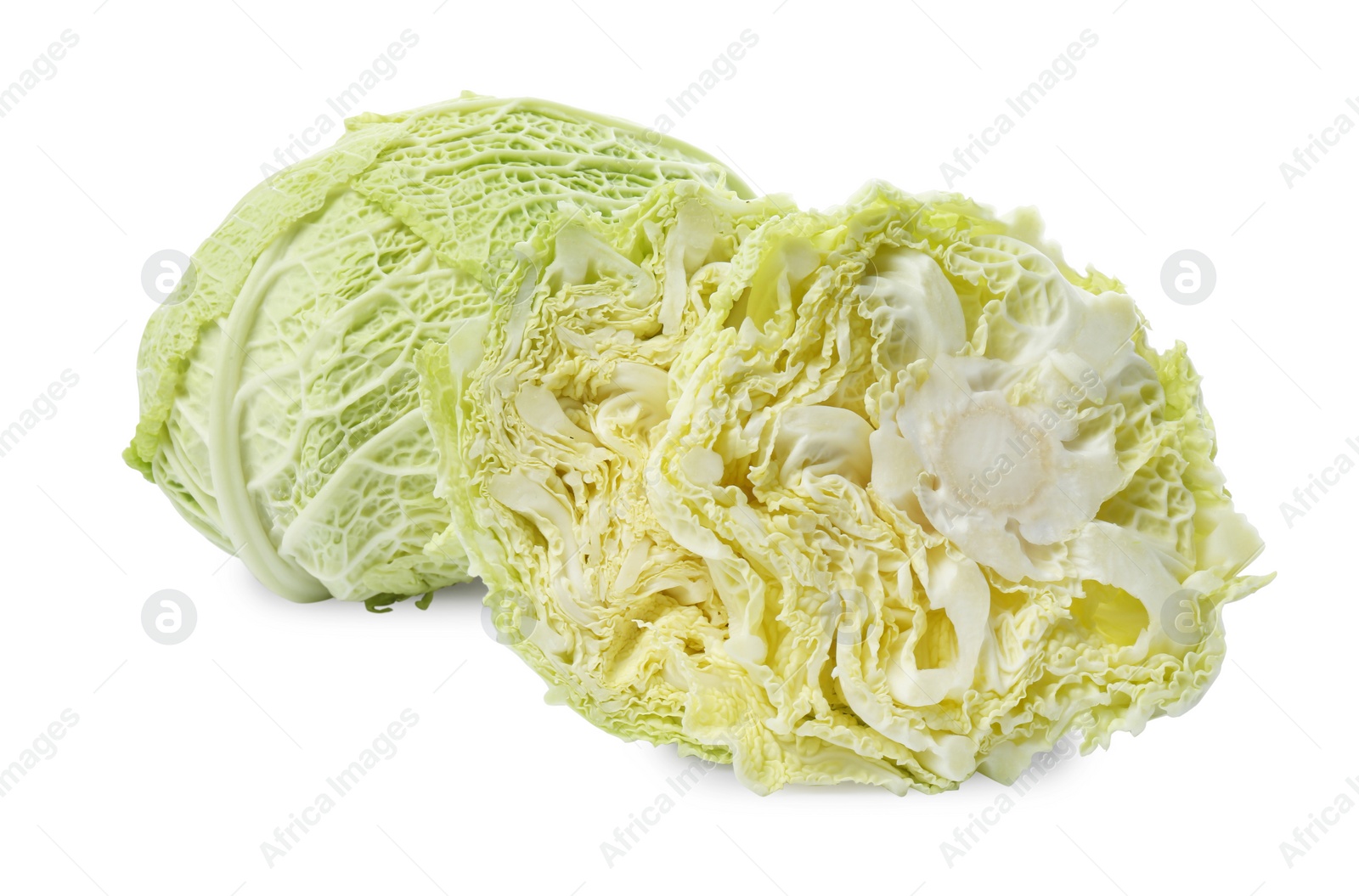 Photo of Whole and cut fresh ripe cabbages isolated on white
