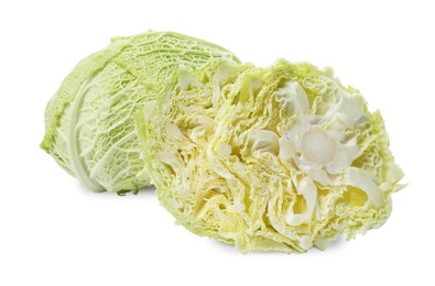 Photo of Whole and cut fresh ripe cabbages isolated on white