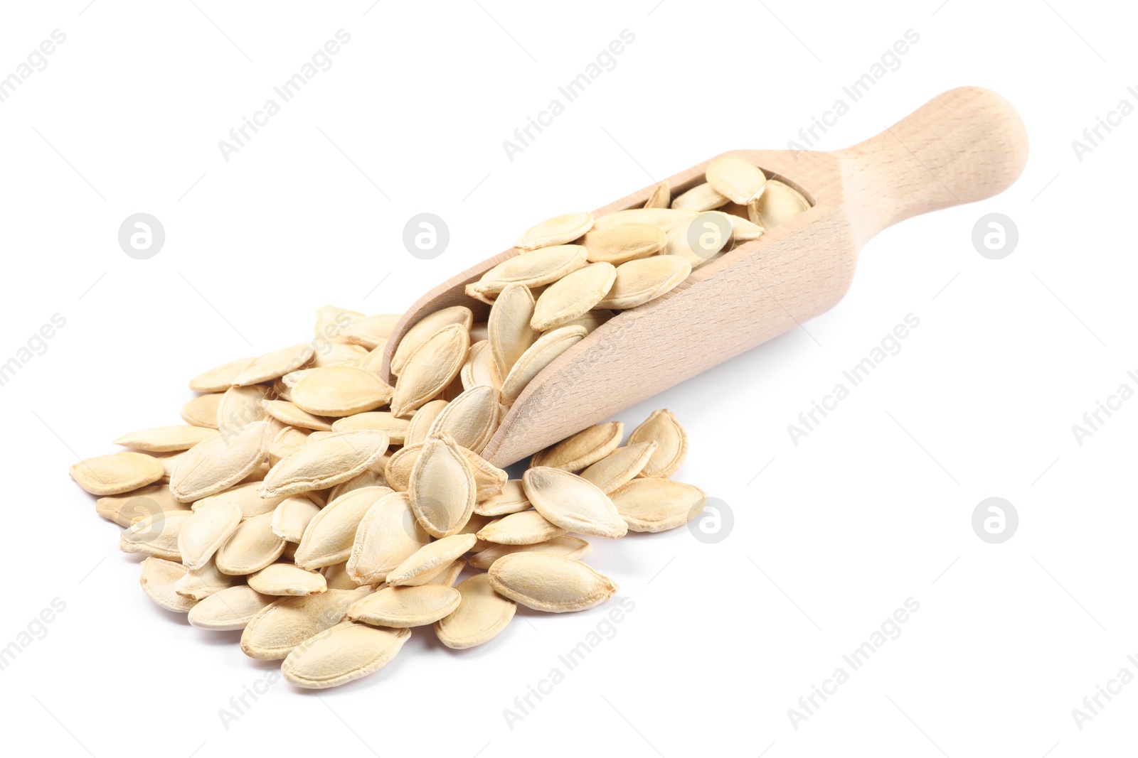 Photo of Wooden scoop with pumpkin seeds isolated on white