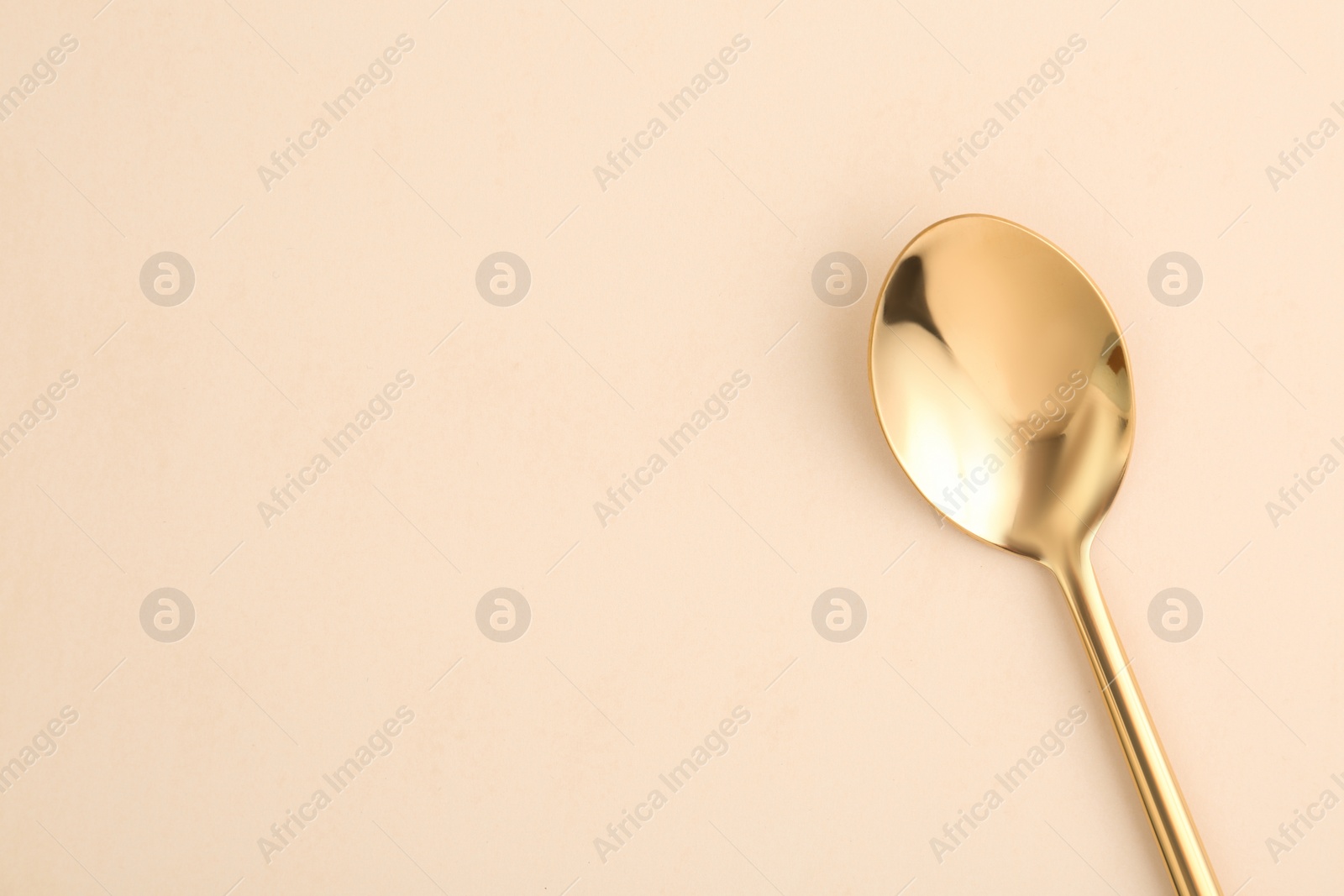 Photo of Clean tea spoon and space for text on color background, top view