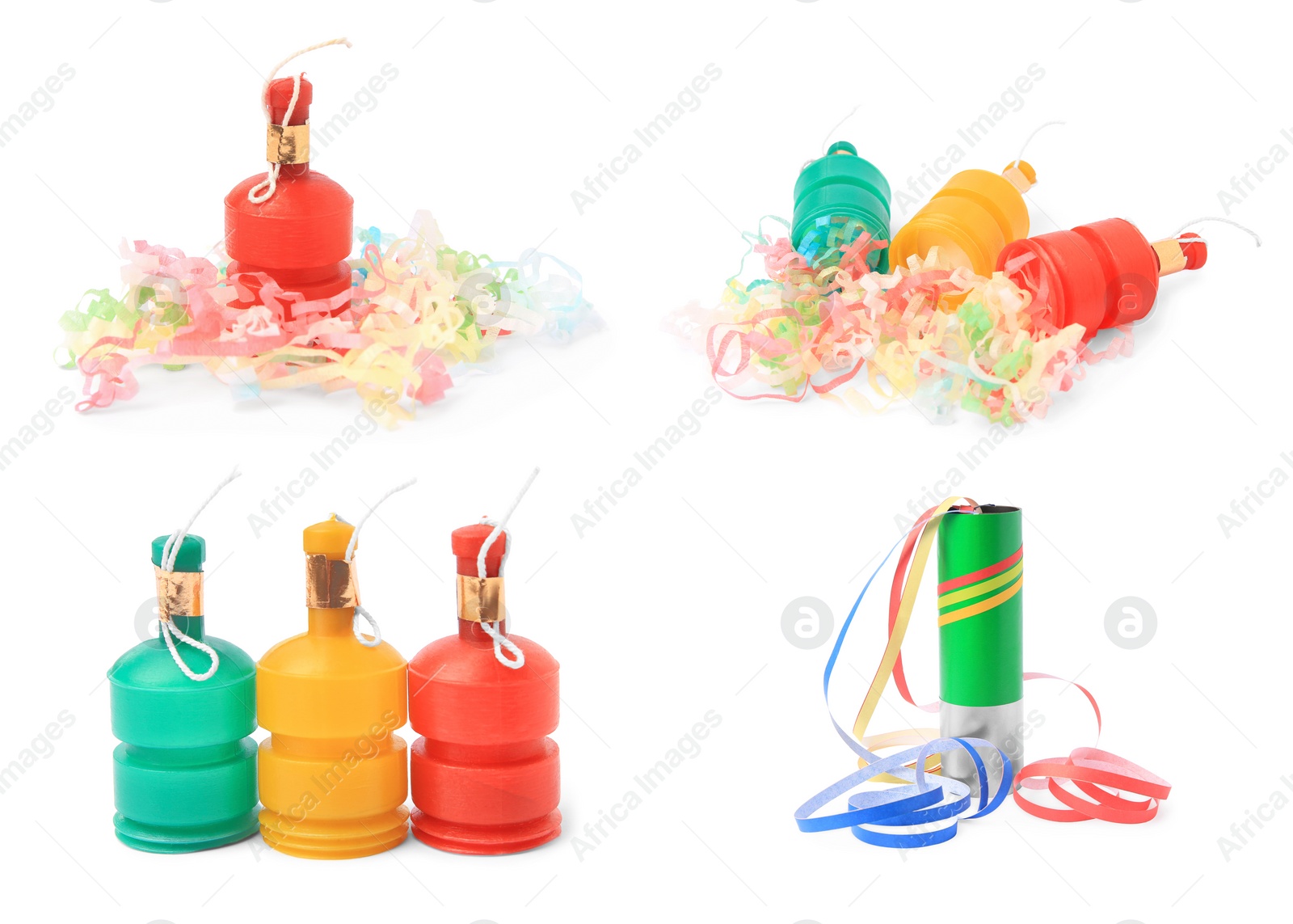 Image of Collage with party poppers isolated on white