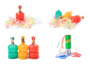 Image of Collage with party poppers isolated on white