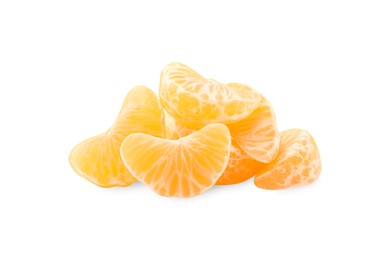 Photo of Pieces of fresh juicy tangerine on white background