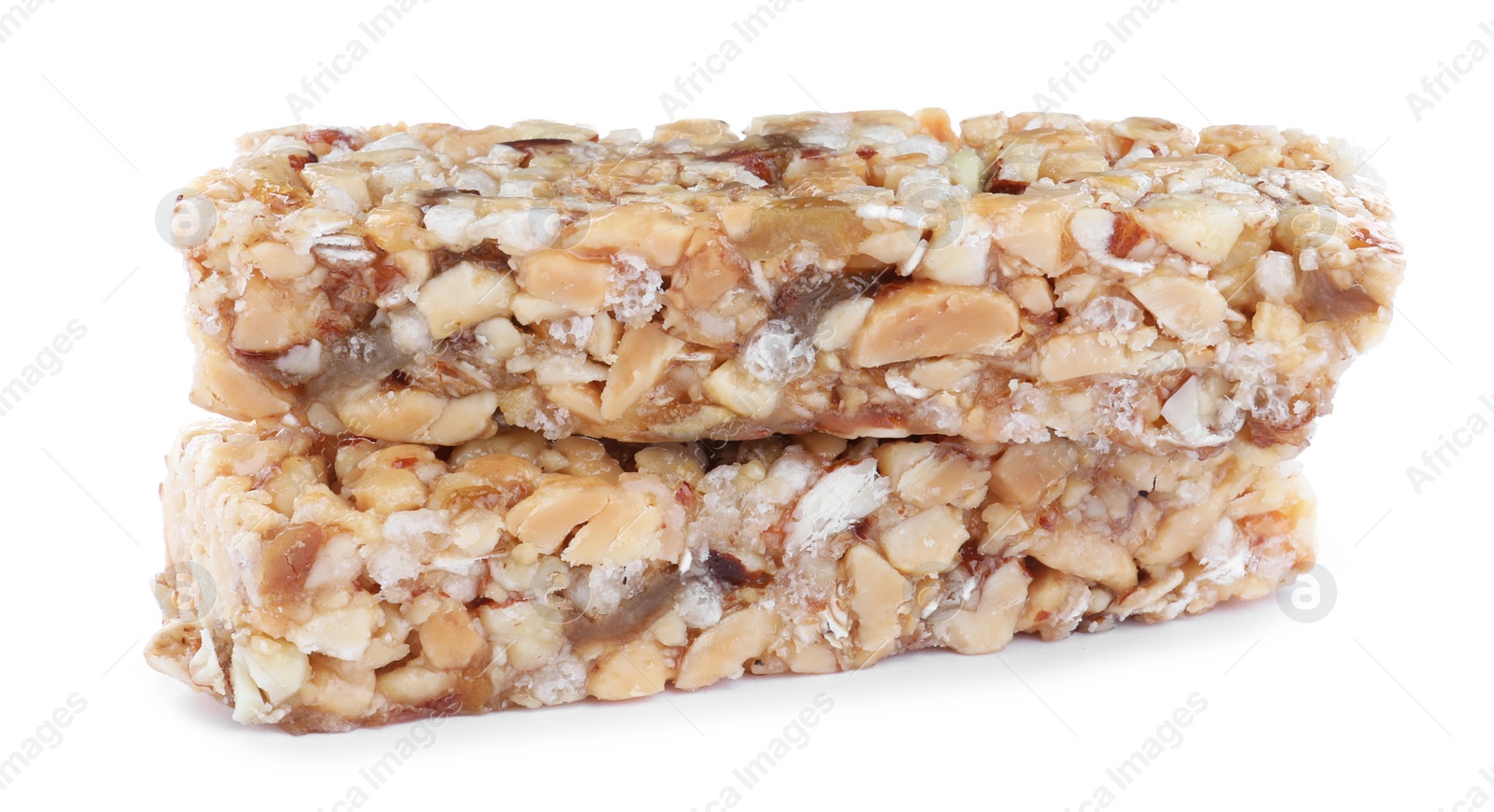 Photo of Sweet cereal bars isolated on white. Healthy snack