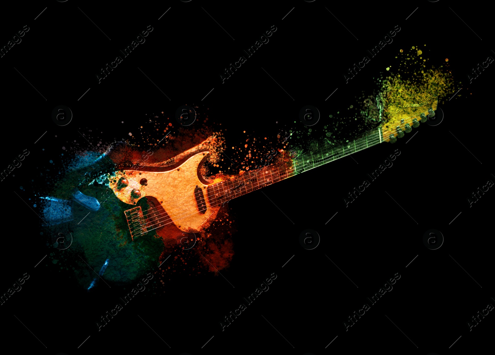 Image of Bright colorful design with electric guitar on black background. Rock music concept