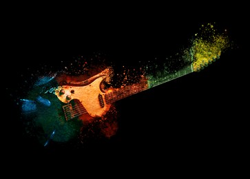 Image of Bright colorful design with electric guitar on black background. Rock music concept