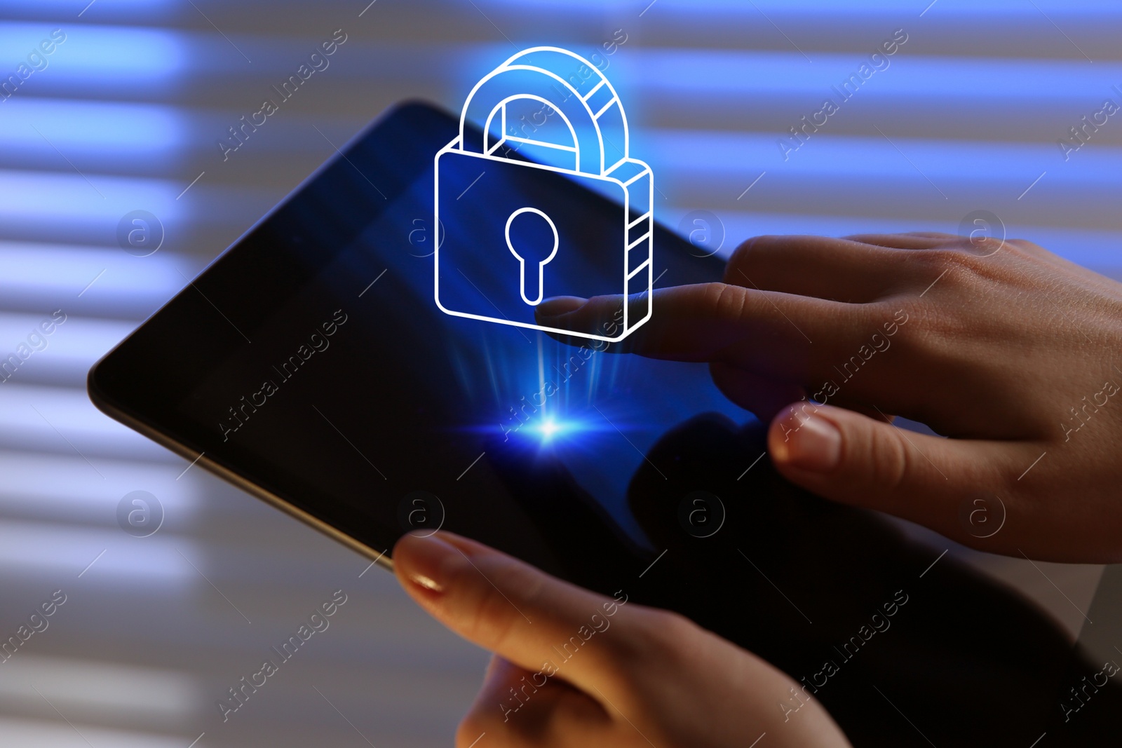 Image of Privacy protection. Woman using tablet, closeup. Illustration of padlock over device