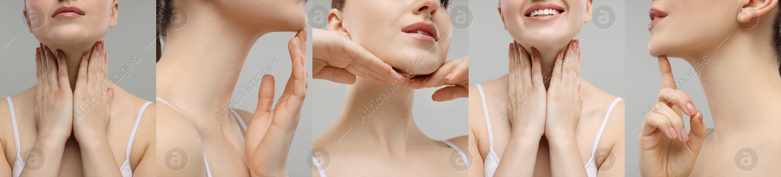 Image of Woman with healthy skin on grey background, set with photos