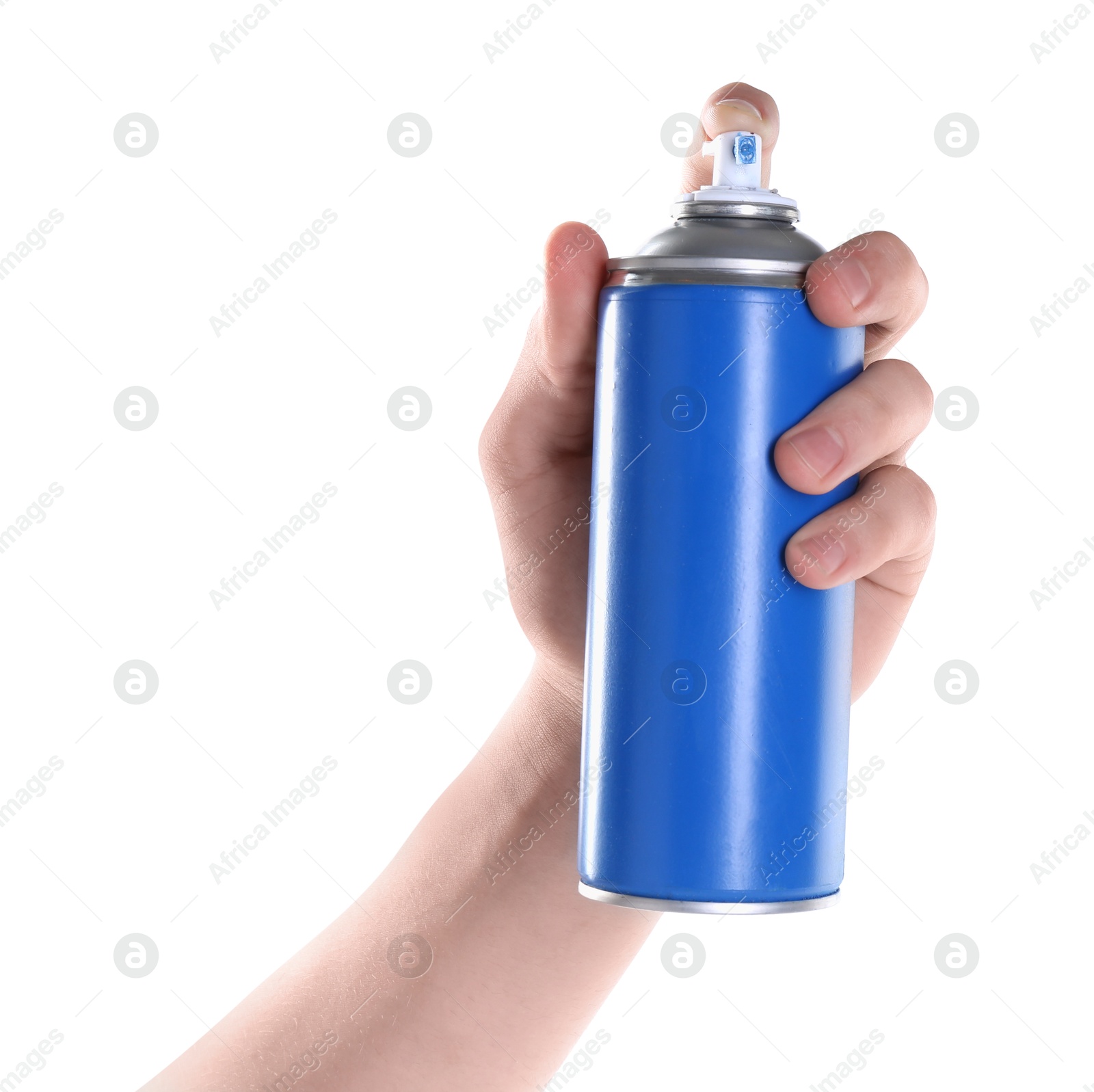 Photo of Man with can of spray paint on white background, closeup