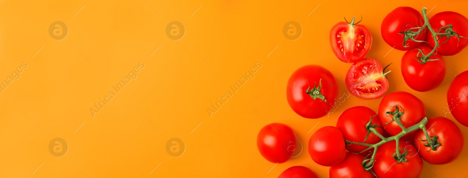 Image of Flat lay composition with fresh cherry tomatoes on color background, space for text. Banner design 