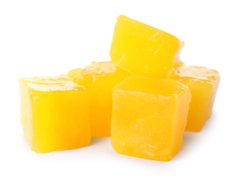 Photo of Fresh juicy mango cubes on white background