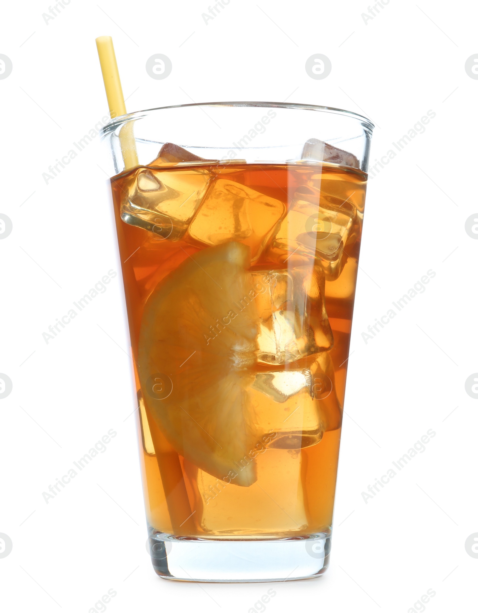 Photo of Glass of tasty iced tea with lemon and straw on white background