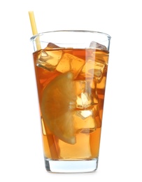 Photo of Glass of tasty iced tea with lemon and straw on white background