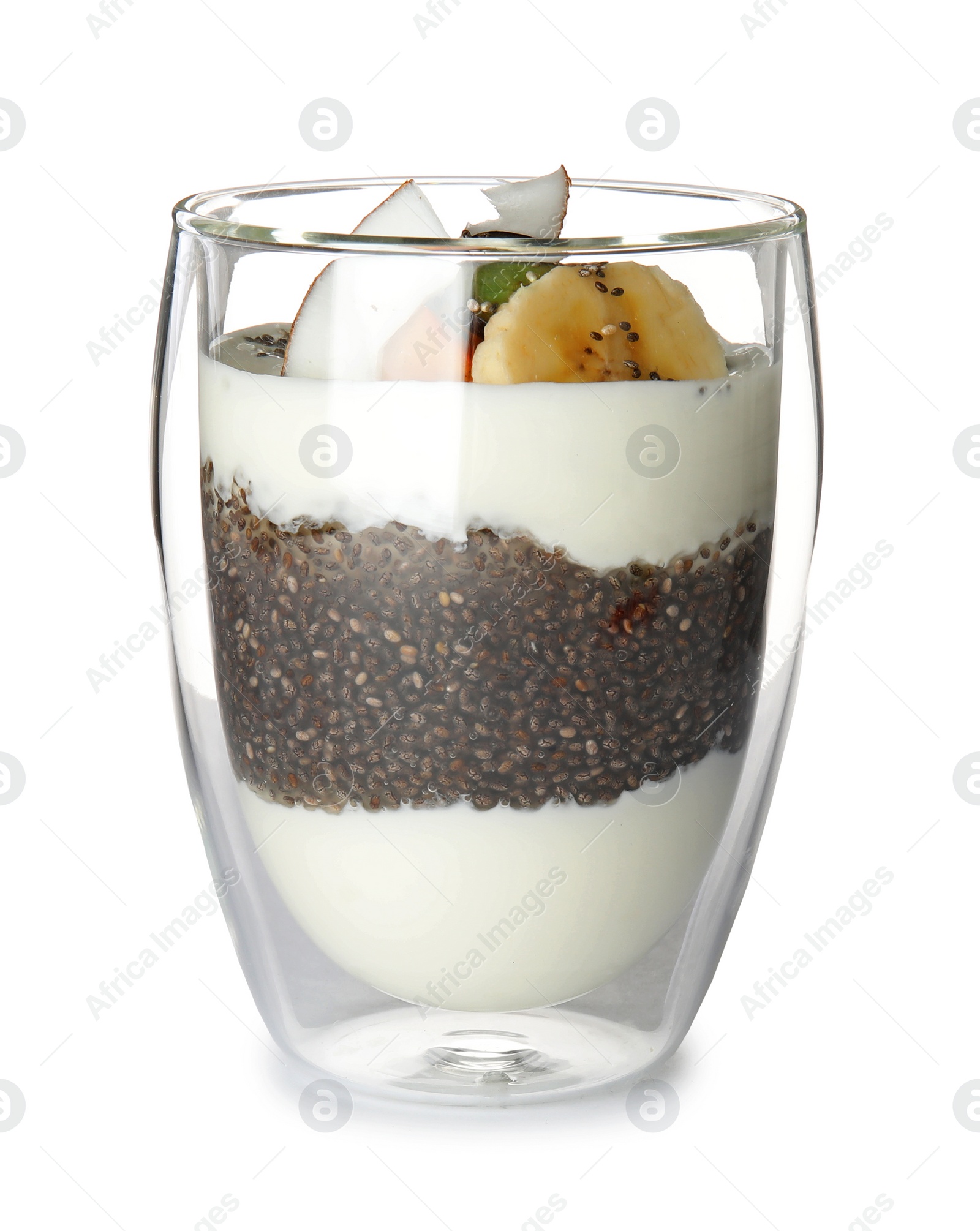 Photo of Glass of tasty chia seed pudding isolated on white
