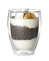 Glass of tasty chia seed pudding isolated on white