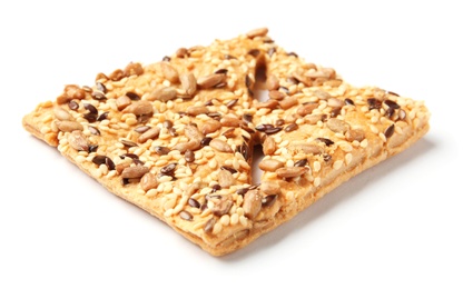 Photo of Grain cereal cookie on white background. Healthy snack