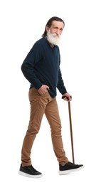 Photo of Senior man with walking cane on white background