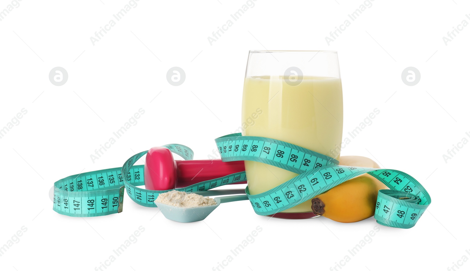 Photo of Tasty shake, banana, measuring tape, dumbbell and powder isolated on white. Weight loss