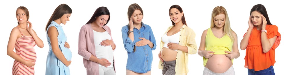 Image of Collage with photos of pregnant women on white background. Banner design