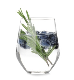 Glass of refreshing blueberry cocktail with rosemary on white background