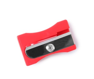 Image of Bright red pencil sharpener isolated on white, top view. School stationery