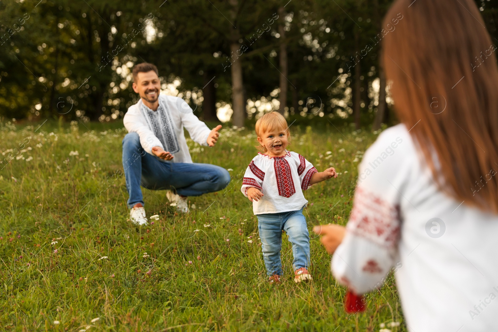 Photo of Happy parents in embroidered Ukrainian shirts playing with their cute daughter outdoors