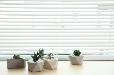 Photo of Window with blinds and potted plants on sill, space for text