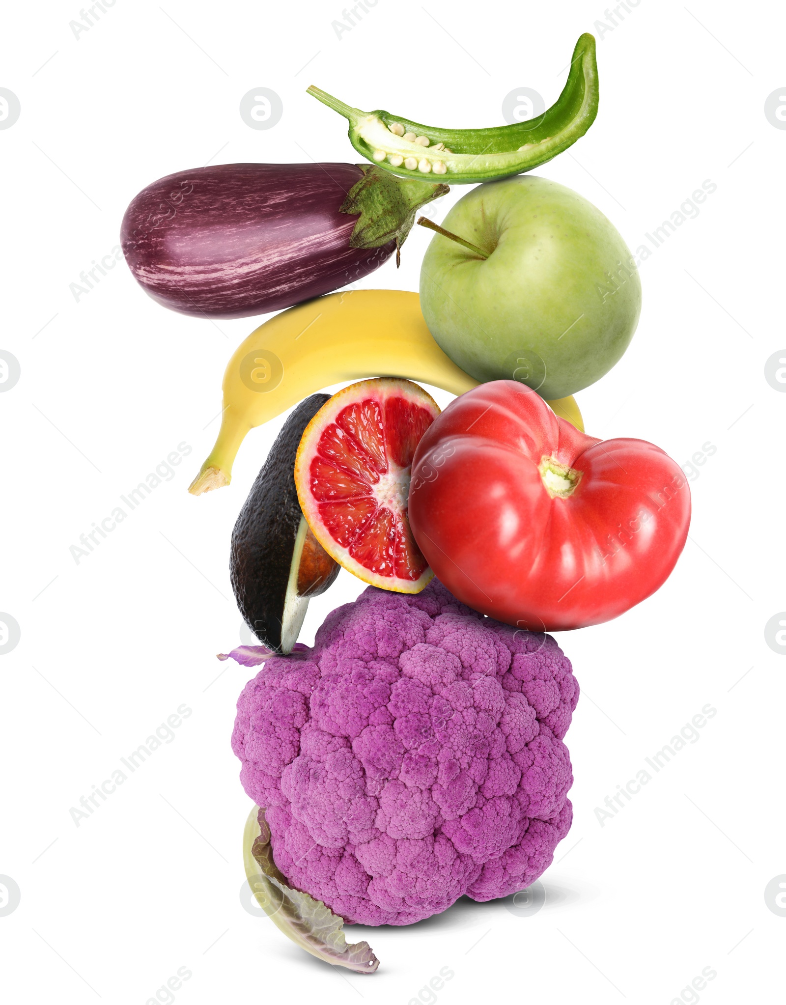 Image of Stack of different vegetables and fruits isolated on white