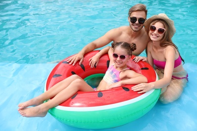 Happy family in pool on sunny day