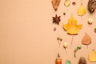 Flat lay composition with autumn leaves on beige background, space for text