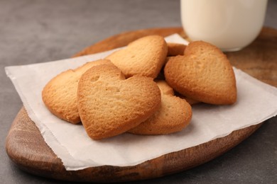 Heart shaped Danish butter cookies on grey table, closeup