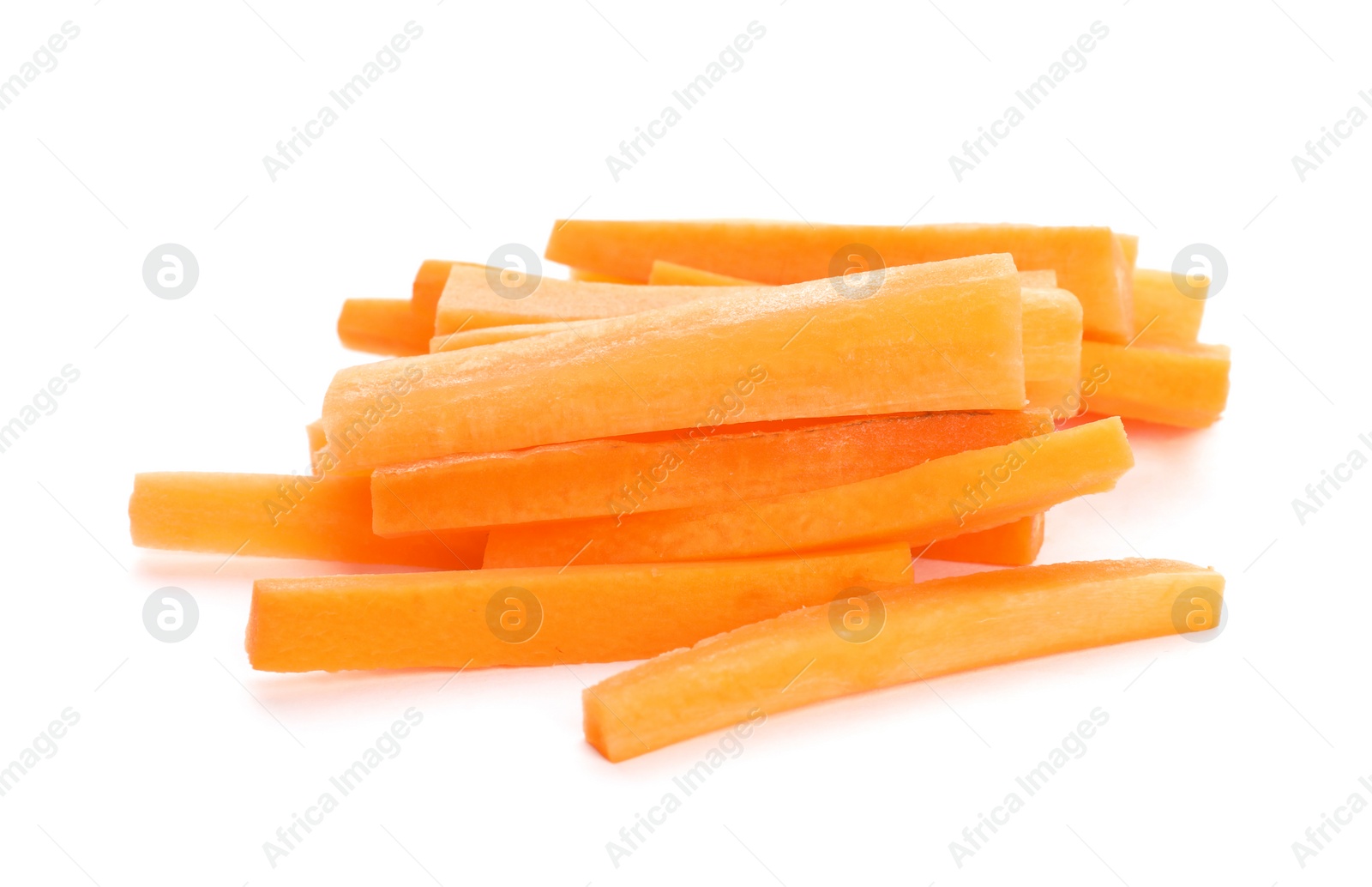 Photo of Pile of fresh carrot sticks isolated on white