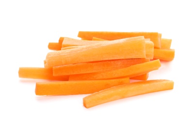 Photo of Pile of fresh carrot sticks isolated on white