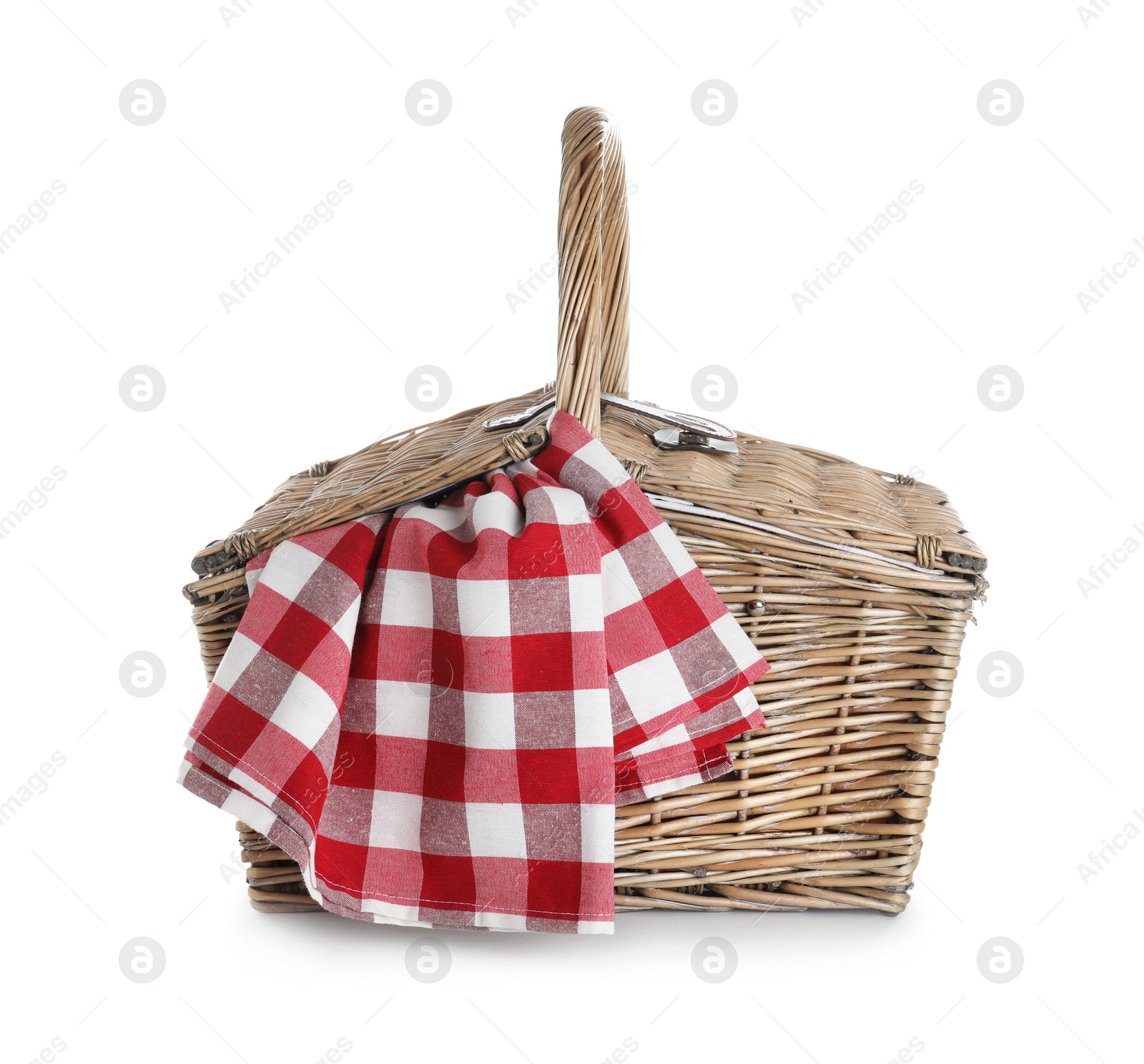 Photo of Closed wicker picnic basket with checkered blanket on white background
