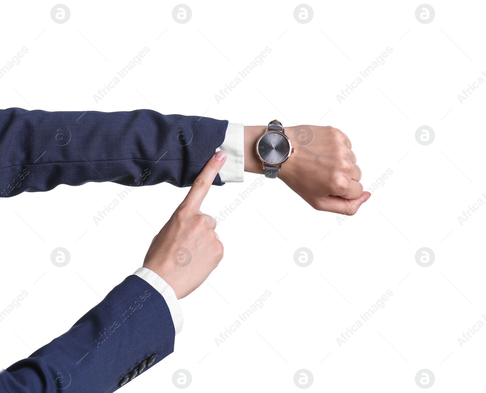 Photo of Businesswoman with wristwatch on white background. Time concept