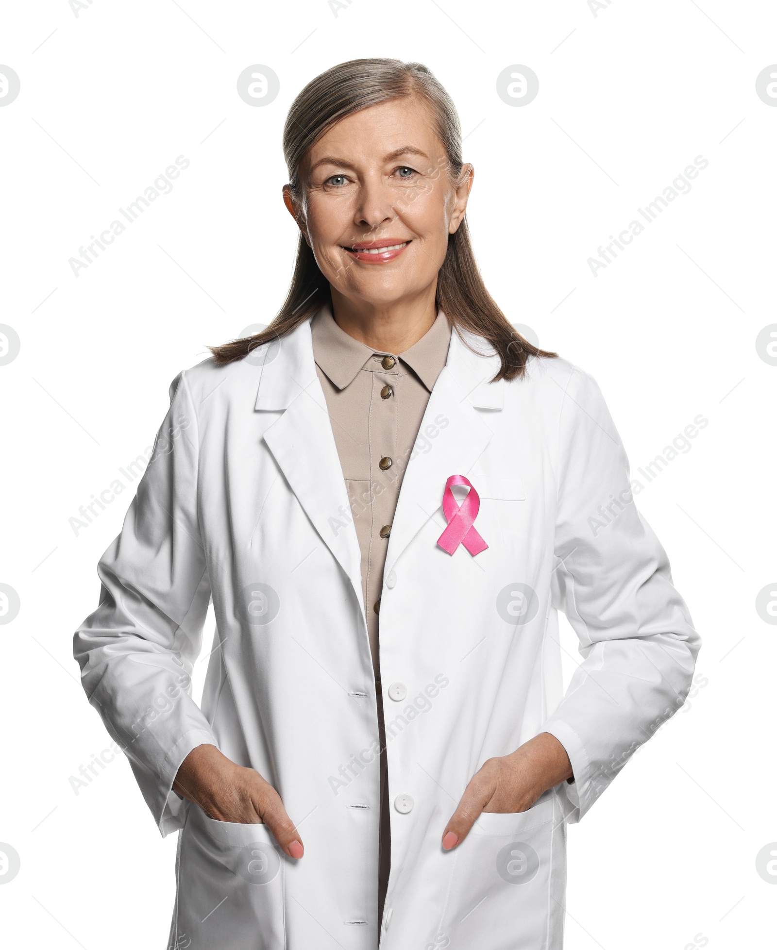 Photo of Mammologist with pink ribbon on white background. Breast cancer awareness