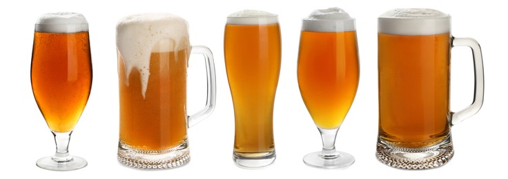 Image of Set with cold tasty beer on white background. Banner design