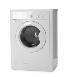 Photo of Modern washing machine isolated on white. Laundry day